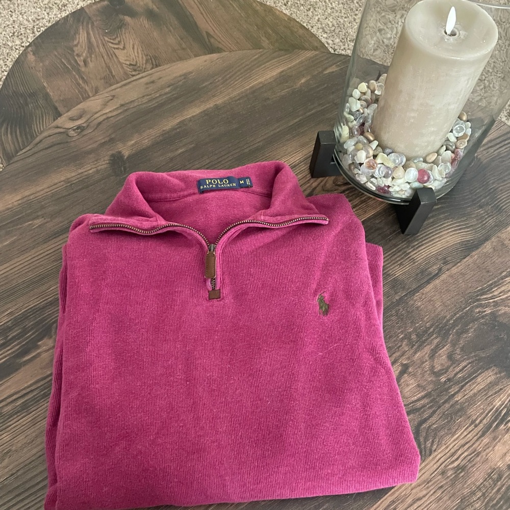 Men Polo Ralph Lauren Quarter-Zip 100% Cotton Pullover Sweater Burgundy Medium